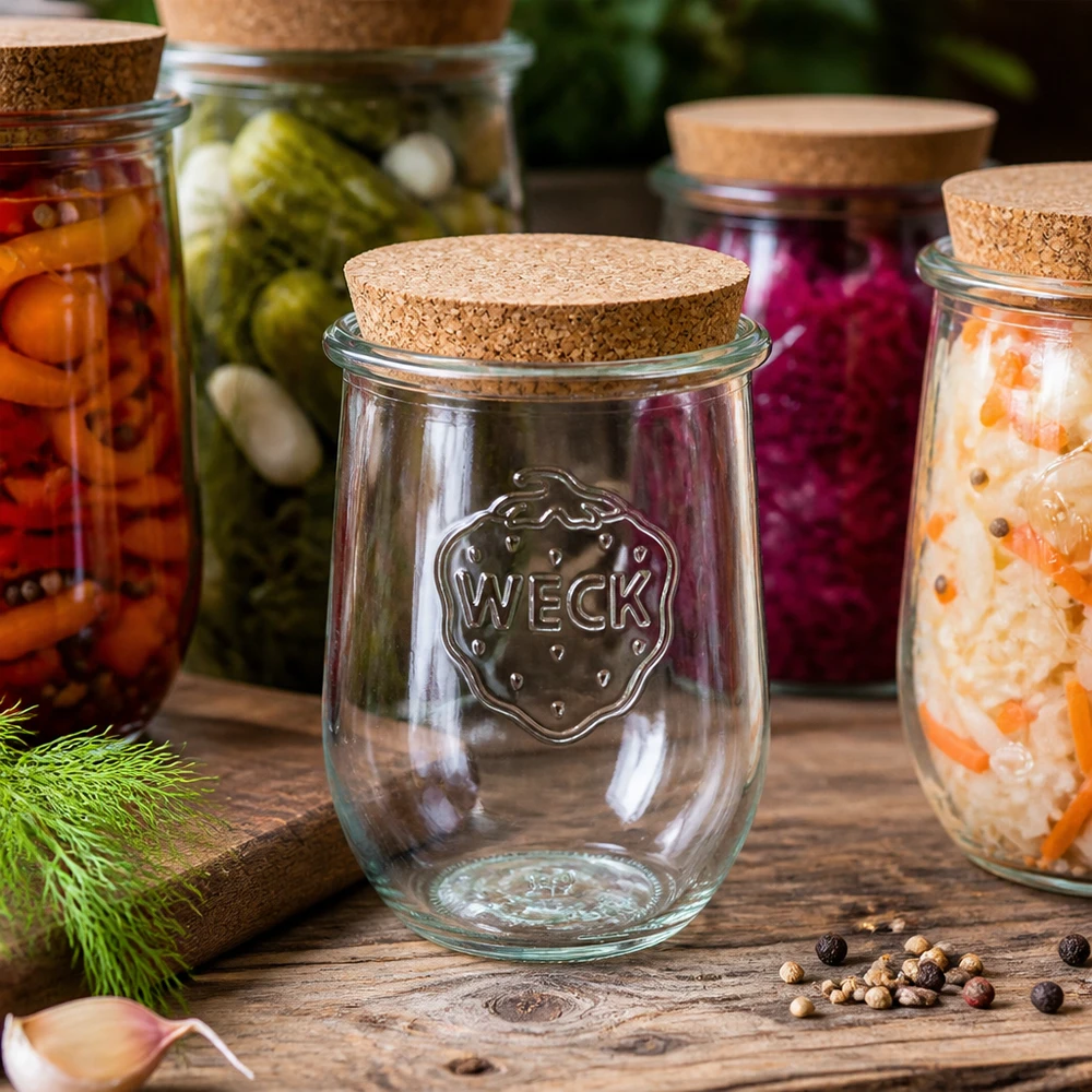 Vaso a tulipano WECK RR100 da 1062 ml con tappo in sughero tra colorati vasi di fermentazione di verdure sottaceto su un tavolo di legno