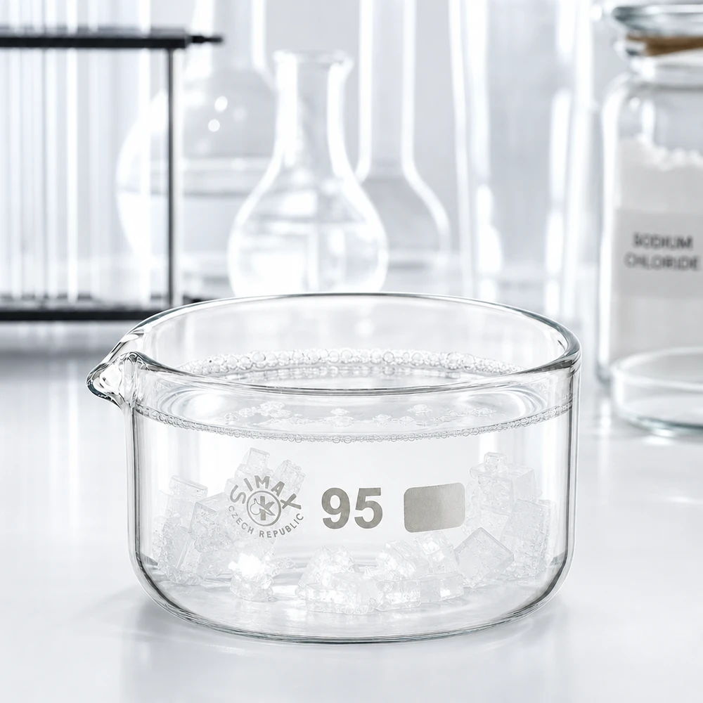 Piatto per cristallizzazione da 300 ml con beccuccio Bo.. ø95mm Ciotola piatta in vetro da 300 ml riempita con cristalli di sale, per uso di laboratorio, diametro 95 mm