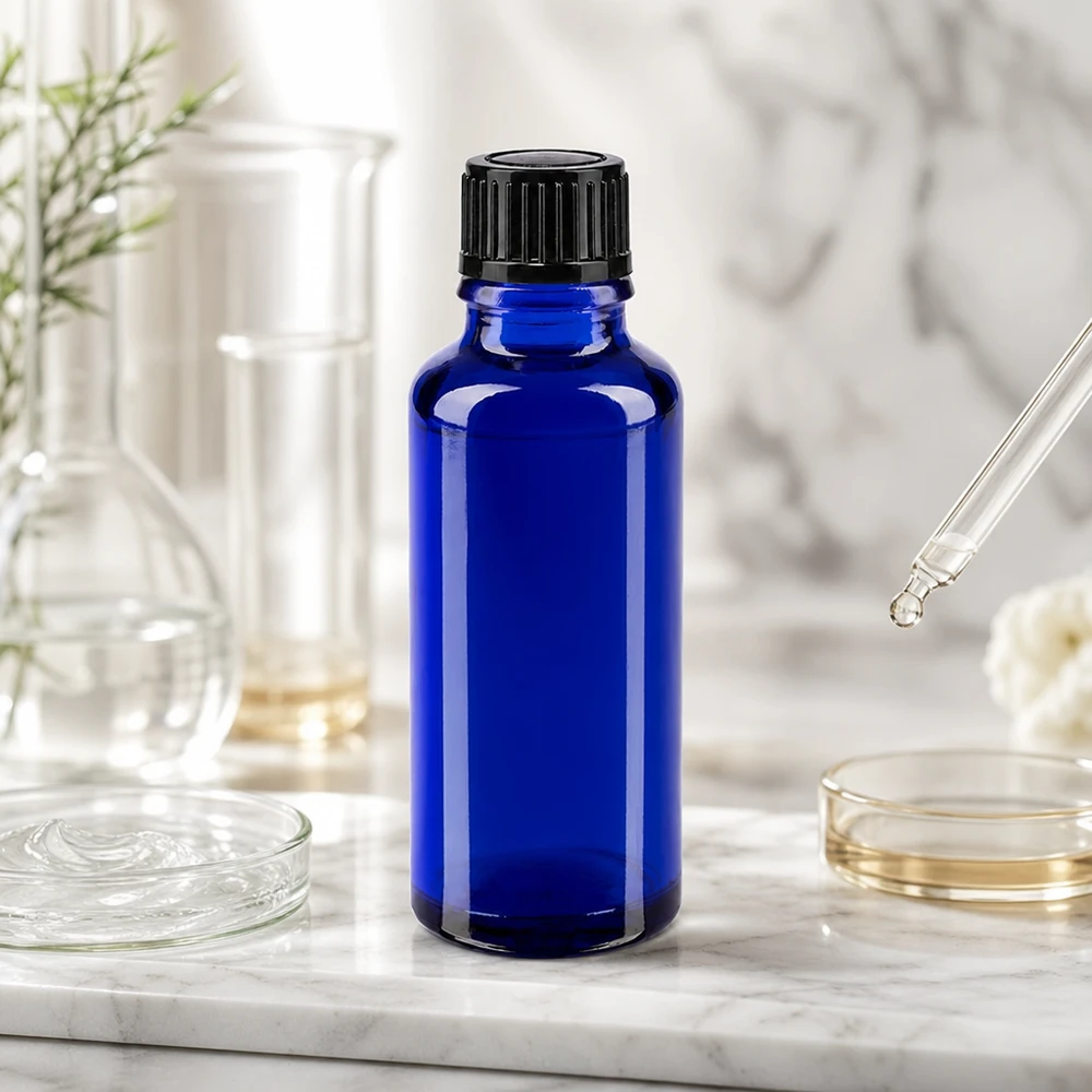 Flacon à pharmacie bleu 30ml bouchon compte-gouttes 1mm noir std Flacon compte-gouttes élancé de 30 ml en verre de pharmacie bleu cobalt, muni d'un bouchon à vis noir, sur fond de marbre