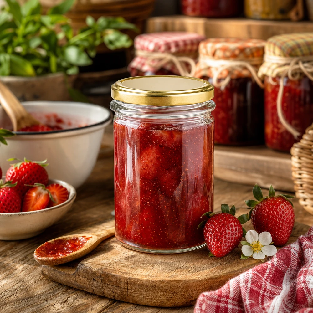 Vasetto da 230 ml con coperchio BasicSeal dorato UNiTWIST riempito di marmellata di fragole accanto a fragole fresche