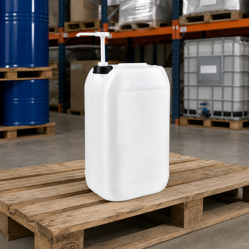 Jerrican de 15 litres avec pompe doseuse Bidon de 15 litres muni d'une pompe doseuse, posé sur une palette en bois dans un entrepôt, entre des fûts industriels