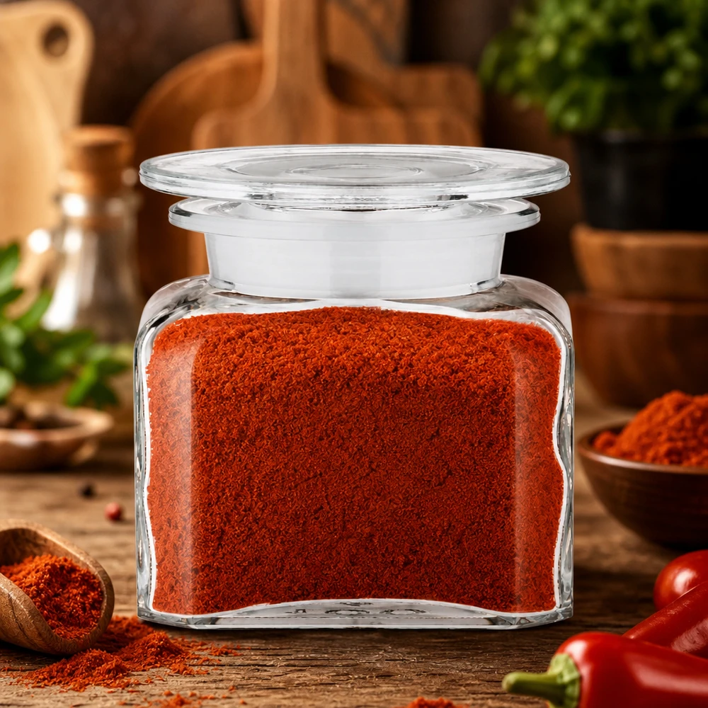Idea barattolo per spezie: bottiglia da farmacia quadrata da 100 ml a collo largo Contenitore in vetro per spezie da 100 ml con peperoncino rosso intenso circondato da tavolette di legno ed erbe aromatiche