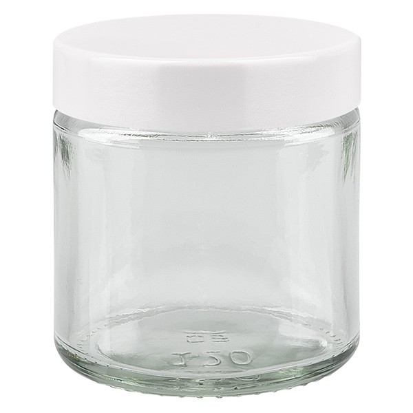 Vasetto in vetro trasparente da 120 ml con coperchio in bachelite bianca ApoGlas Vasetto in vetro trasparente da 120 ml con coperchio in bachelite bianca ApoGlas