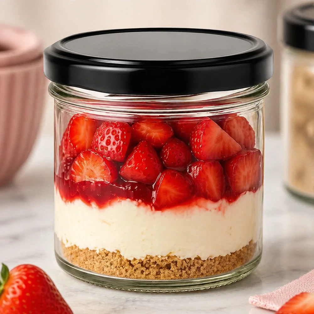 125ml Sturzglas mit BasicSeal Deckel schwarz UNiTWIST 125ml Sturzglas mit schwarzem BasicSeal Deckel als Dessertglas mit Erdbeeren Sahne und Keksboden Cheesecake
