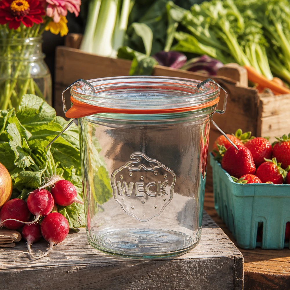 Barattolo da 160ml completo WECK RR60 Bicchieri WECK da 160 ml RR60 vuoti con tappo girevole tra verdure fresche e frutta su un tavolo di legno rustico