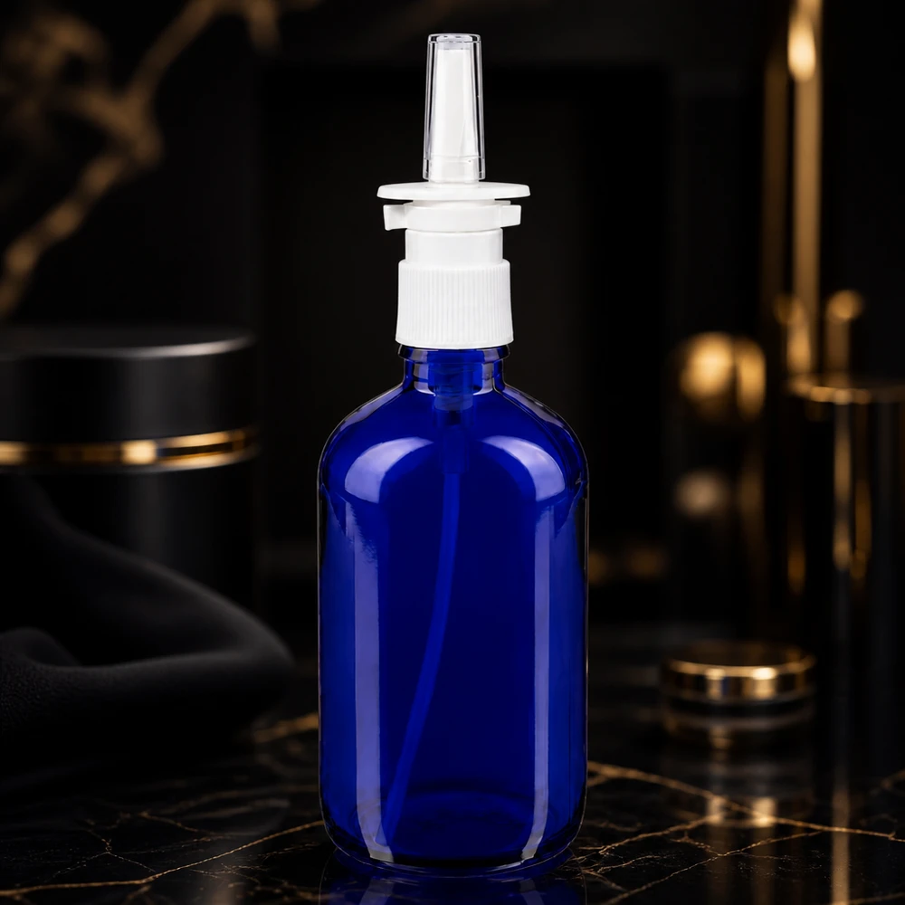 Apothekenflasche blau 100ml Nasenzerstäuber weiß Standard Zylindrische blaue Glasflasche 100ml mit weißem Nasensprayaufsatz und schmaler Applikatordüse