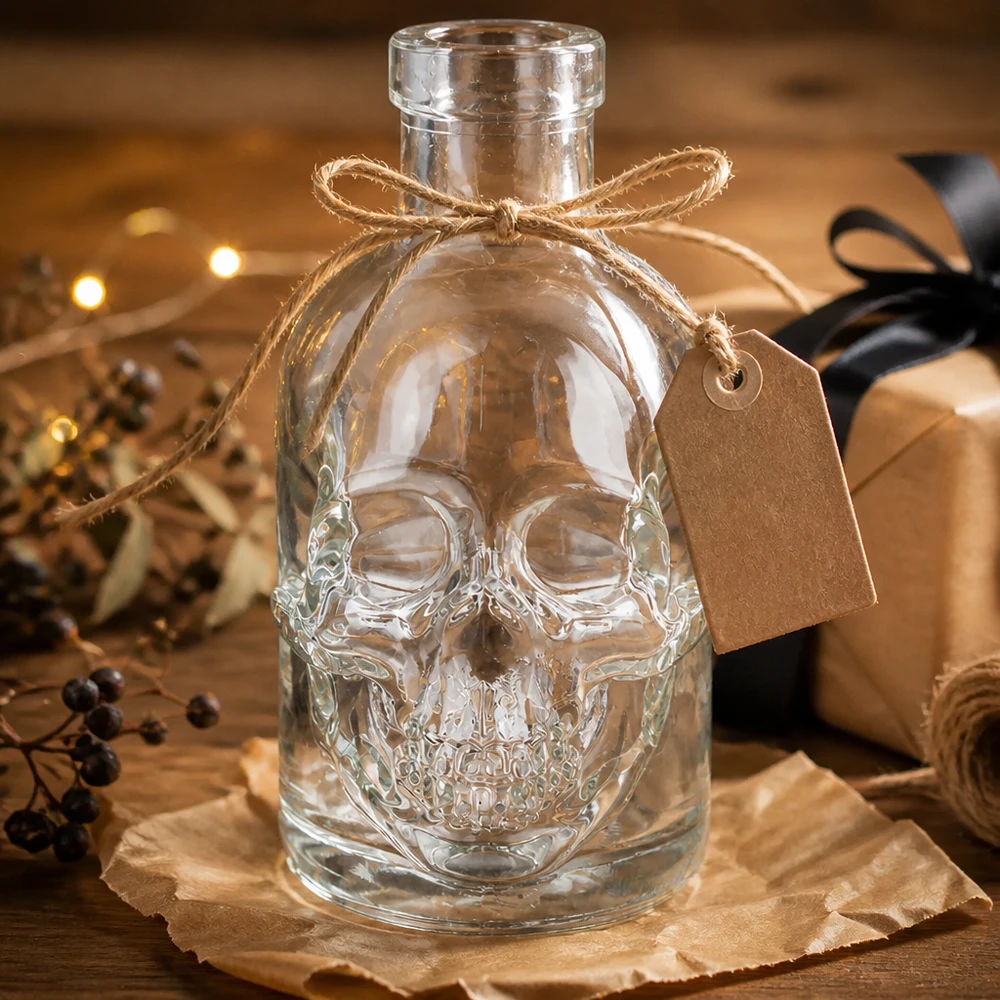 200ml Glasflasche Jack Totenkopf als Geschenk verpackt mit Juteschleife und Anhänger rustikale Dekoration