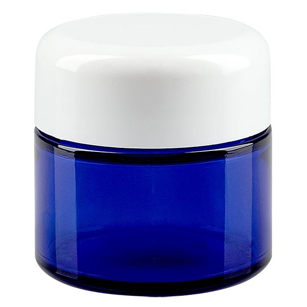 Barattolo in vetro da 50ml blu reale, con coperchio in bachelite bianca ApoGlas Barattolo in vetro da 50ml blu reale, con coperchio in bachelite bianca ApoGlas