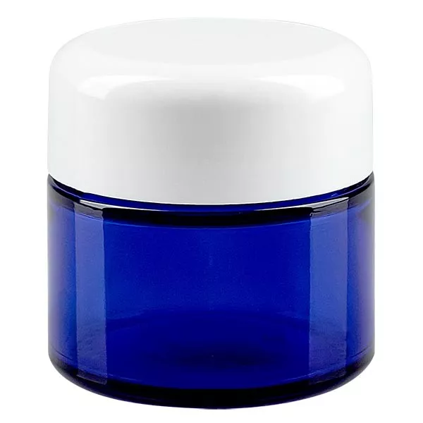 50ml Glastiegel. royalblau, mit weißem Bakelit ApoGlas