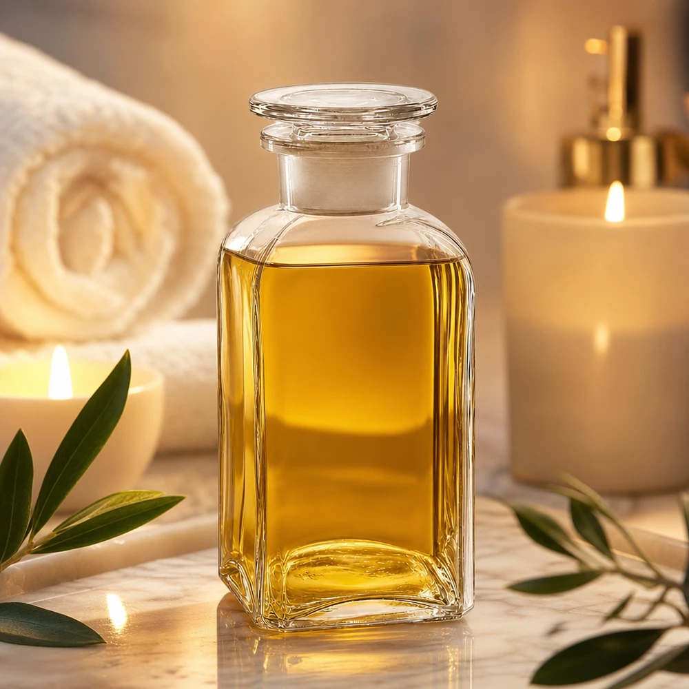 Bottiglia quadrata 350ml trasparente a collo largo con tappo in vetro Bottiglia quadrata trasparente da 350 ml con tappo in vetro, contenente olio dorato in un ambiente da spa