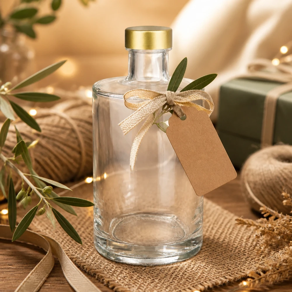 Bottiglia in vetro da 375 ml Sam + tappo a vite oro UNiTWIST® 375ml Glasflasche Sam leer mit Geschenkanhänger goldener Schraubverschluss UNiTWIST gemütliche Geschenkverpackung