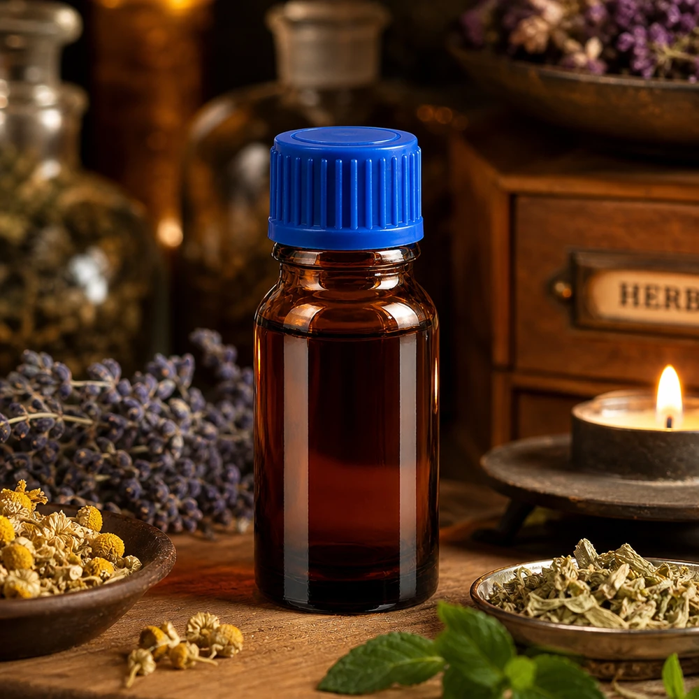 Piccola bottiglia di vetro marrone da 10 ml con coperchio blu, ideale per cosmetici fai da te e prodotti naturali