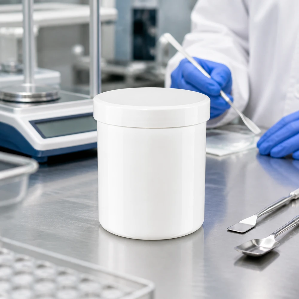 Pot à pommade blanc vide de 10 g avec couvercle à vis, posé sur un plan de travail de laboratoire en acier inoxydable