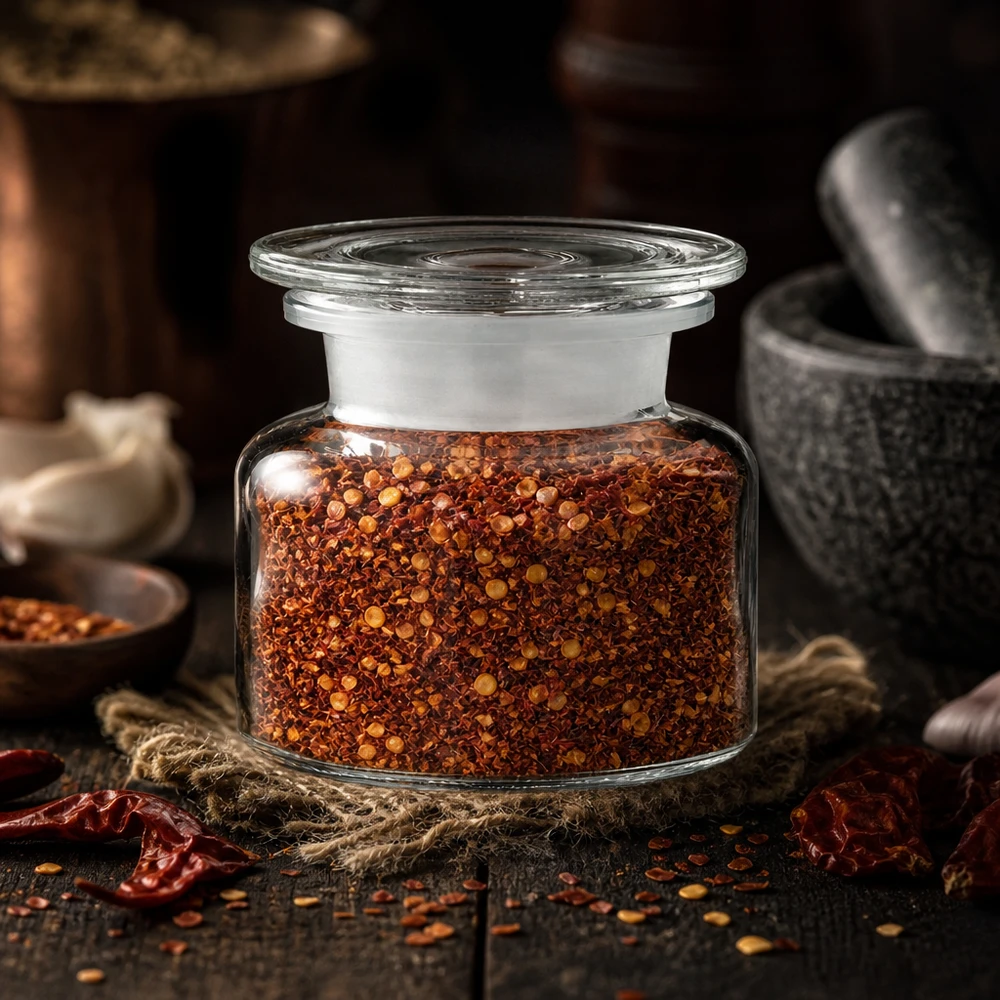 Barattolo rotondo in vetro trasparente da 100 ml con fiocchi di peperoncino e ampia apertura per un facile riempimento