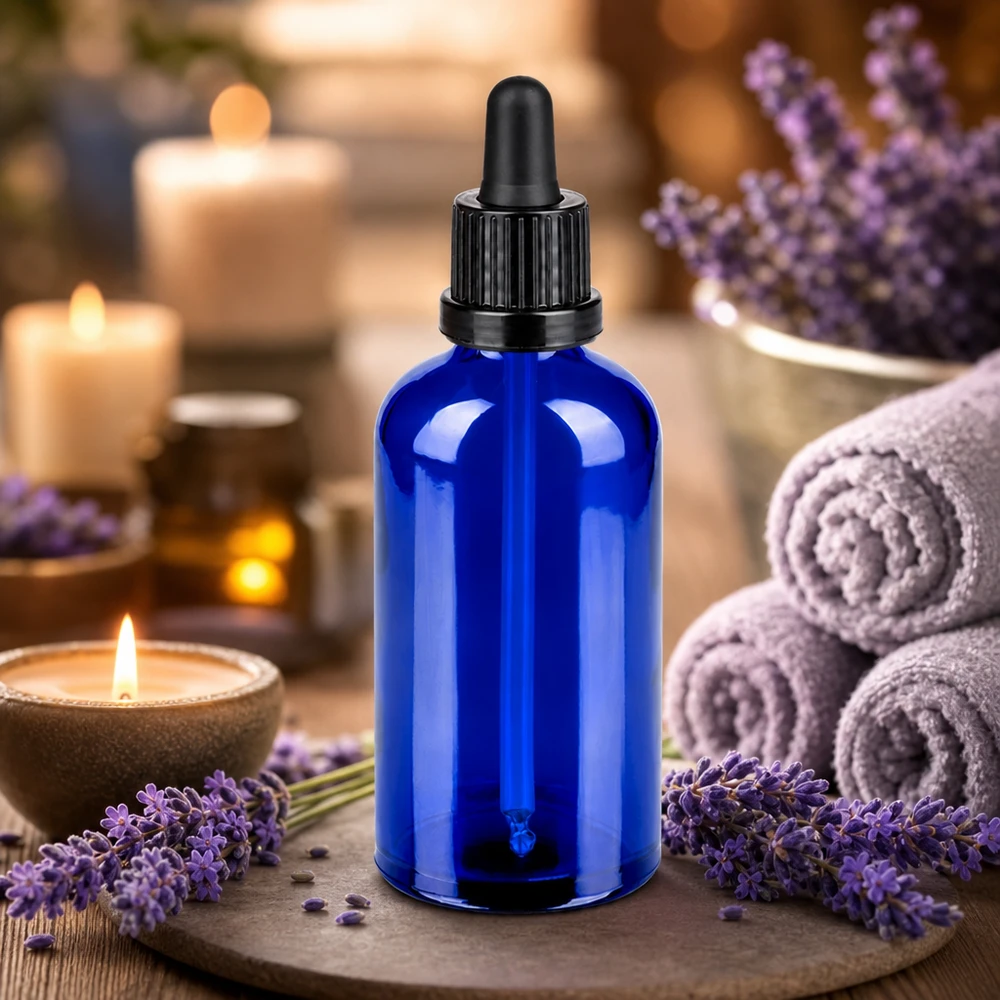 Flacone per pipette da 100 ml nero OV BlueLine UT18/100 Flacone contagocce premium da 100 ml in vetro blu con tappo nero antiscivolo