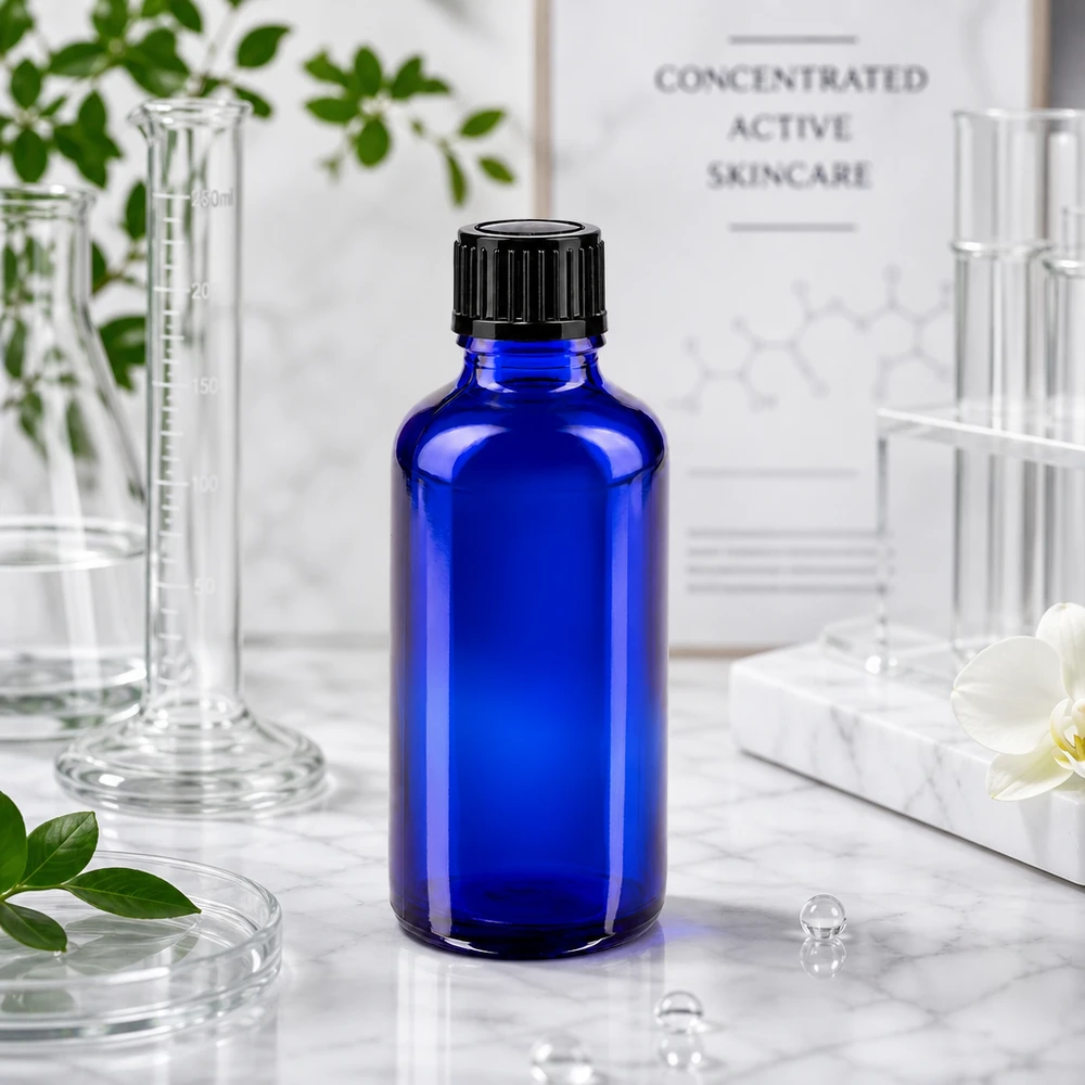 Apothekenflasche blau 50ml Schraubverschluss schwarz Standard Kleine blaue Glasflasche 50ml mit gerilltem Schraubverschluss für ätherische Öle und Seren