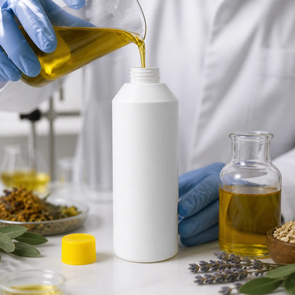 Flacon pharmaceutique blanc de 250 ml en PEHD avec un bouchon jaune, à côté d'un bouquet de lavande et d'un flacon en verre