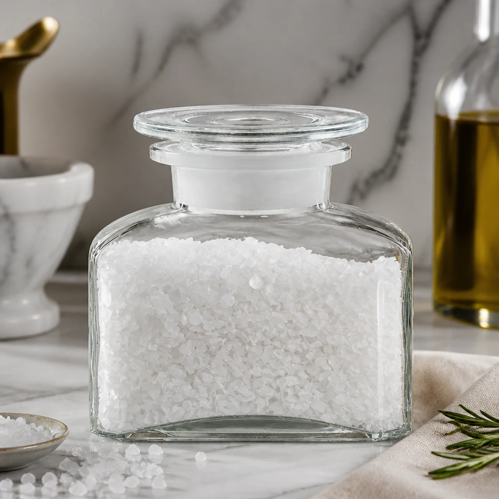 Fiammeggiante con collo largo e tappo piatto in vetro, utilizzata come contenitore decorativo per il sale