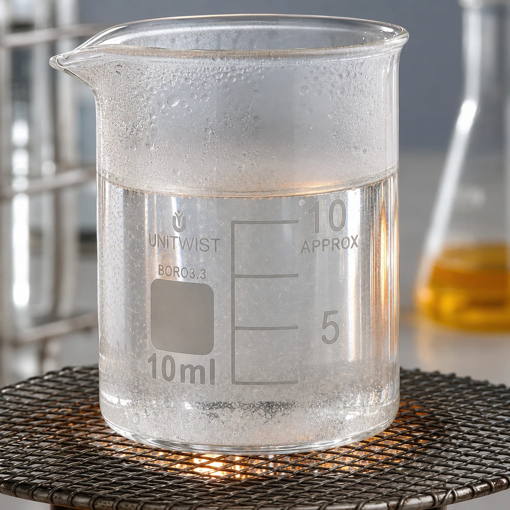 Bicchiere da 10 ml in borosilicato, a basso stampo UNiTWIST Piccolo becher da 10 ml contenente un liquido trasparente, riscaldato su una rete metallica sopra la fiamma del bruciatore