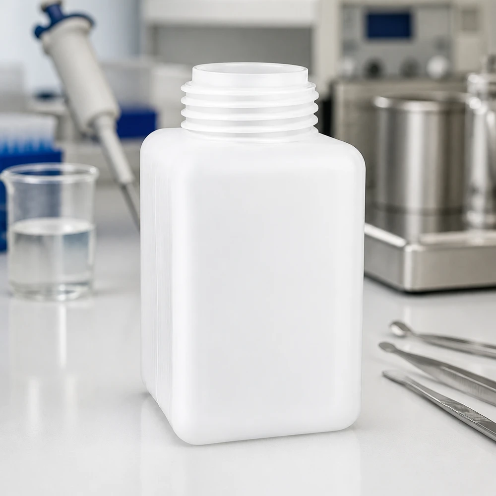 Flacon rectangulaire en PE-HD pour produits chimiques, 1 000 ml, à large goulot, avec un fond robuste pour un stockage en toute sécurité