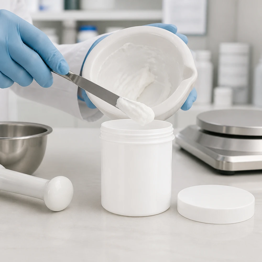 Pot à onguent blanc 100 g avec couvercle blanc (PP) Remplissage d'un pot à pommade blanc de 100 g en PP en laboratoire à l'aide d'une spatule et d'un bol en porcelaine