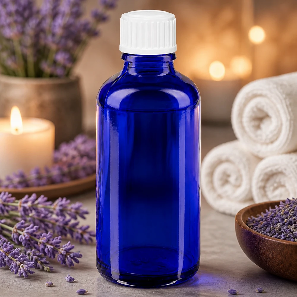 Flacon à pharmacie bleu 50ml bouchon compte-gouttes blanc 0.8mm std Flacon compte-gouttes ApoGlas bleu de 50 ml avec bouchon à vis blanc, à côté de fleurs de lavande et de bougies