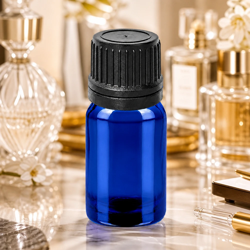 Flacone in vetro blu da 5 ml di alta qualità con preciso sistema di contagocce da 1 mm per un'erogazione precisa.