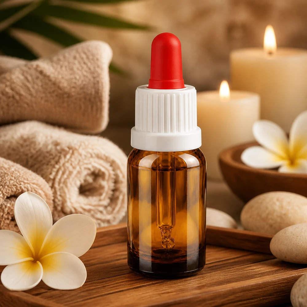 Piccolo flacone con pipetta da 10 ml in vetro marrone, ideale per applicazioni di cosmetica e aromaterapia