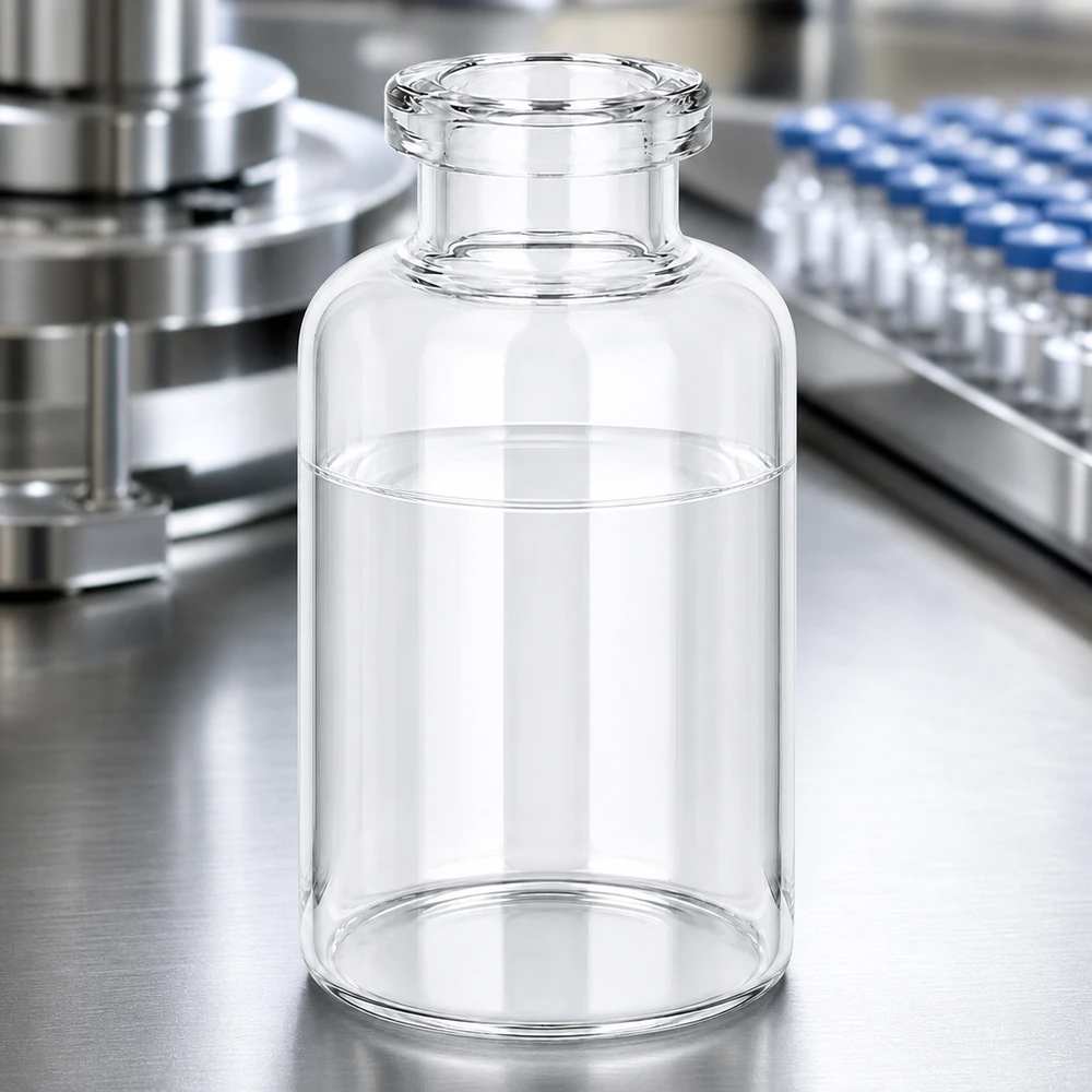 Flacone per iniezione in vetro trasparente 30ml Medizinische Injektionsflasche Klarglas 30ml neben befüllten Blaukapsel-Vials in Produktionsanlage