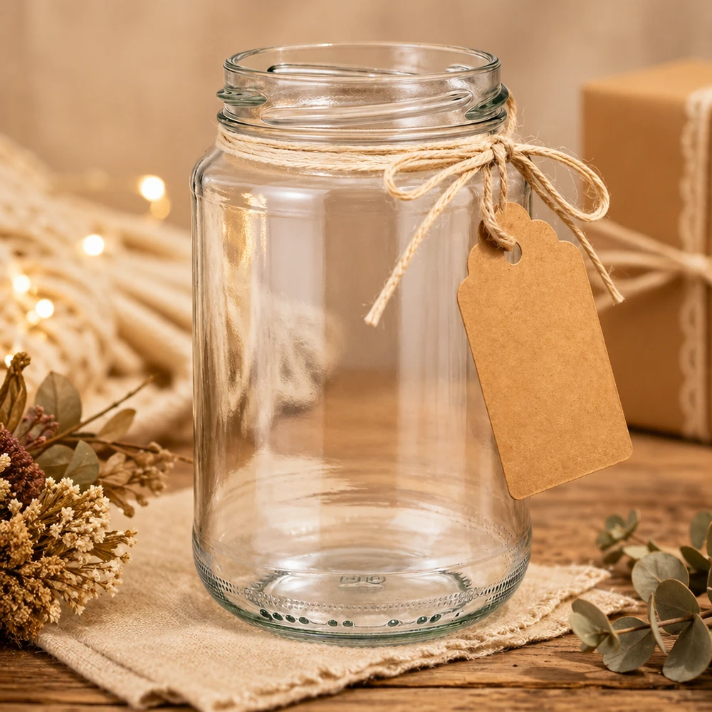 UNiTWIST Runda375 Rundglas 375ml TO63 mit Kraftpapier-Anhänger als Geschenkverpackung in rustikaler Deko-Szene