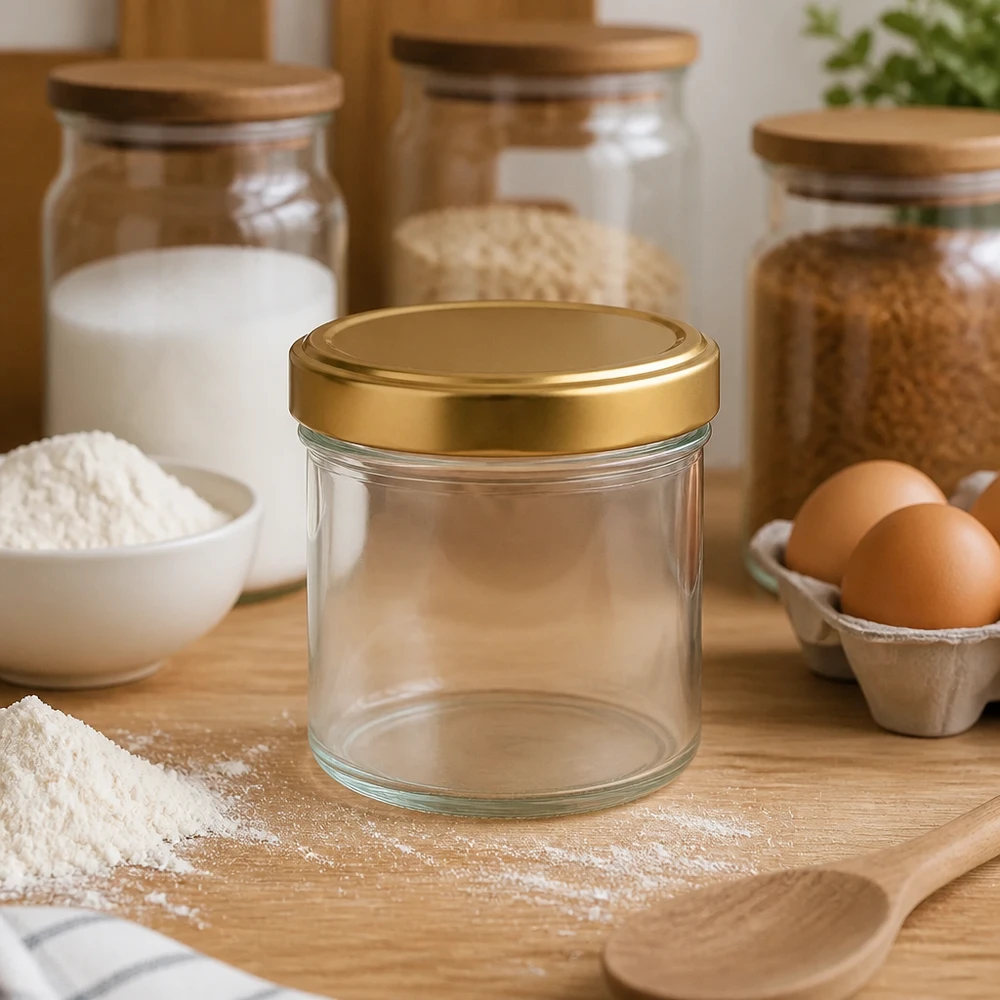 Barattolo cilindrico da 230 ml con coperchio BasicSeal oro UNiTWIST. Barattolo cilindrico da 230 ml con coperchio dorato BasicSeal in cucina con farina, uova e barattoli per la conservazione Accessori per la panificazione