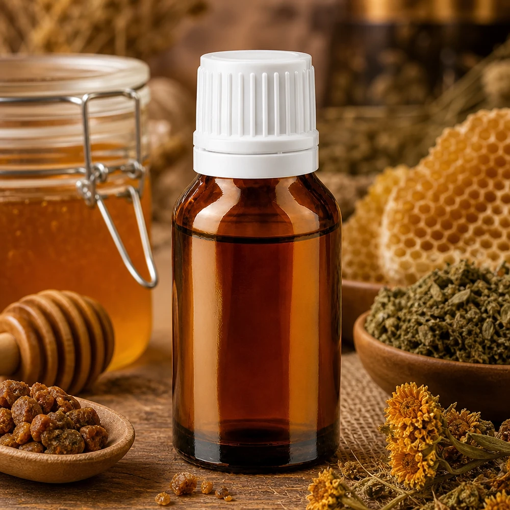 Flacon de pharmacie brun 30ml bouchon à vis blanc bouchon inviolabilité Flacon en verre ambré de 30 ml avec bouchon à vis blanc, entre les alvéoles de miel et les plantes médicinales