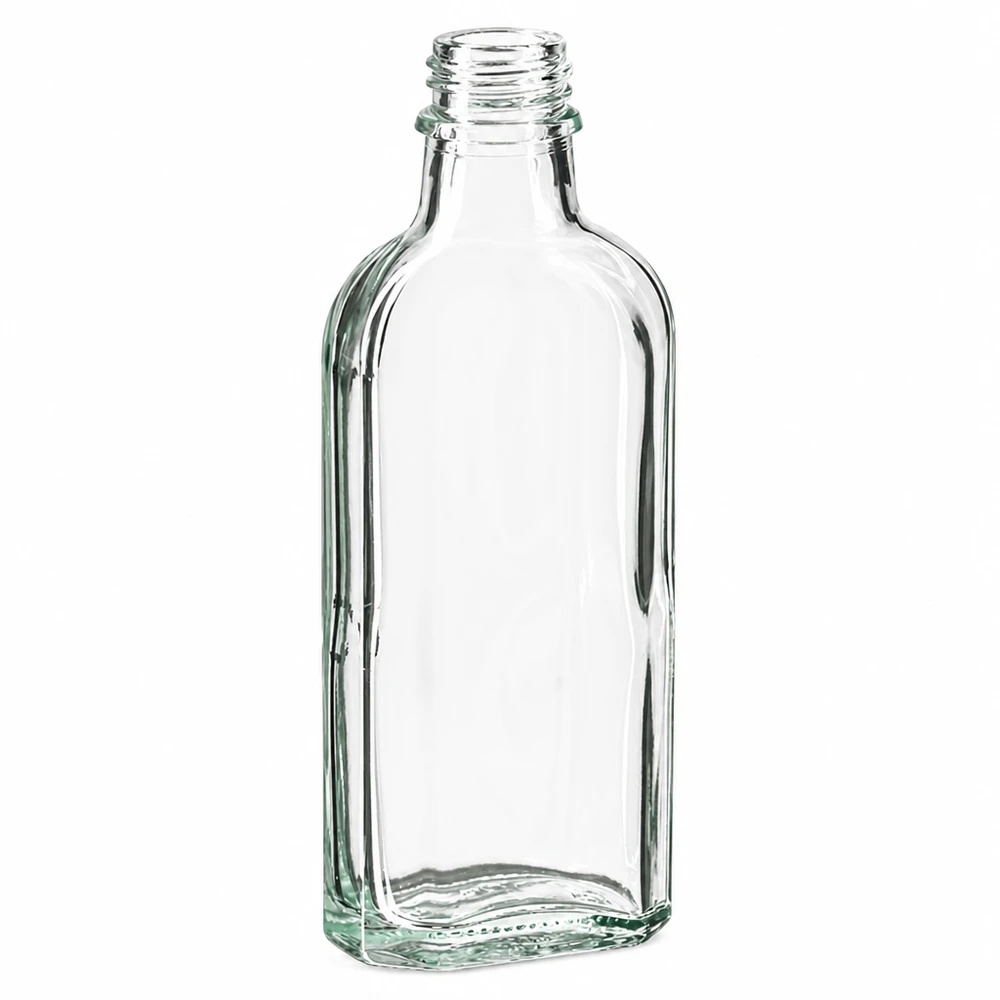 100 ml Meplatflasche klar DIN22 100 ml Glasflasche klar flach Meplat mit engem DIN22 Schraubverschluss