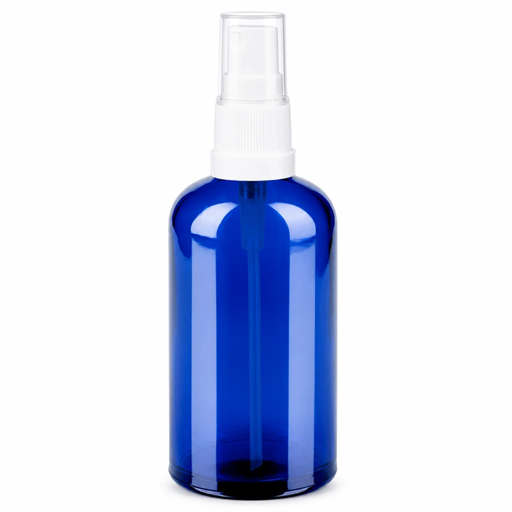 Flacone in vetro blu da 100 ml con testina bianca per cosmetici e aromaterapia
