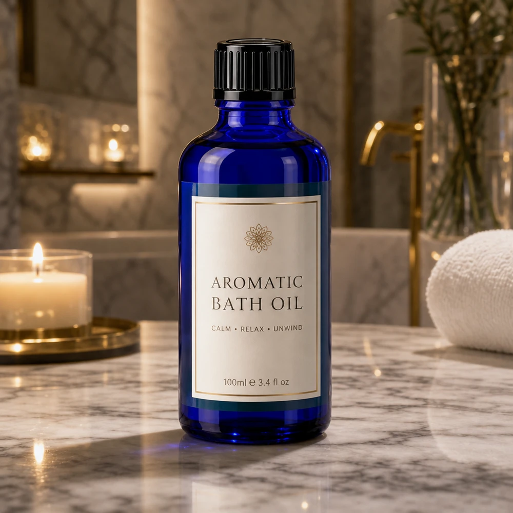 Flacon en verre bleu de 50 ml muni d'un bouchon compte-gouttes noir, dans une élégante salle de bains au décor marbré