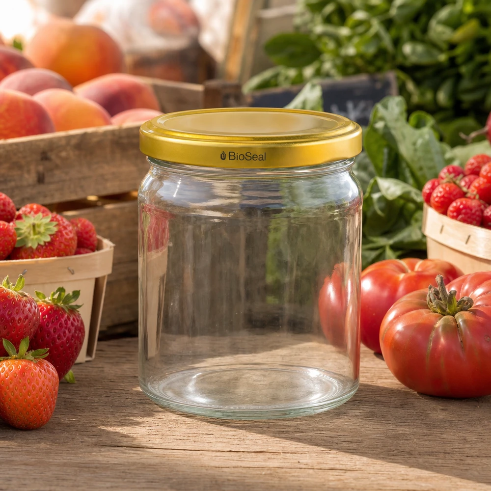 408ml Rundglas mit BioSeal Deckel gold UNiTWIST UNiTWIST Runda408 leeres Einmachglas mit goldenem BioSeal Deckel zwischen frischen Erdbeeren und Tomaten auf Holztisch