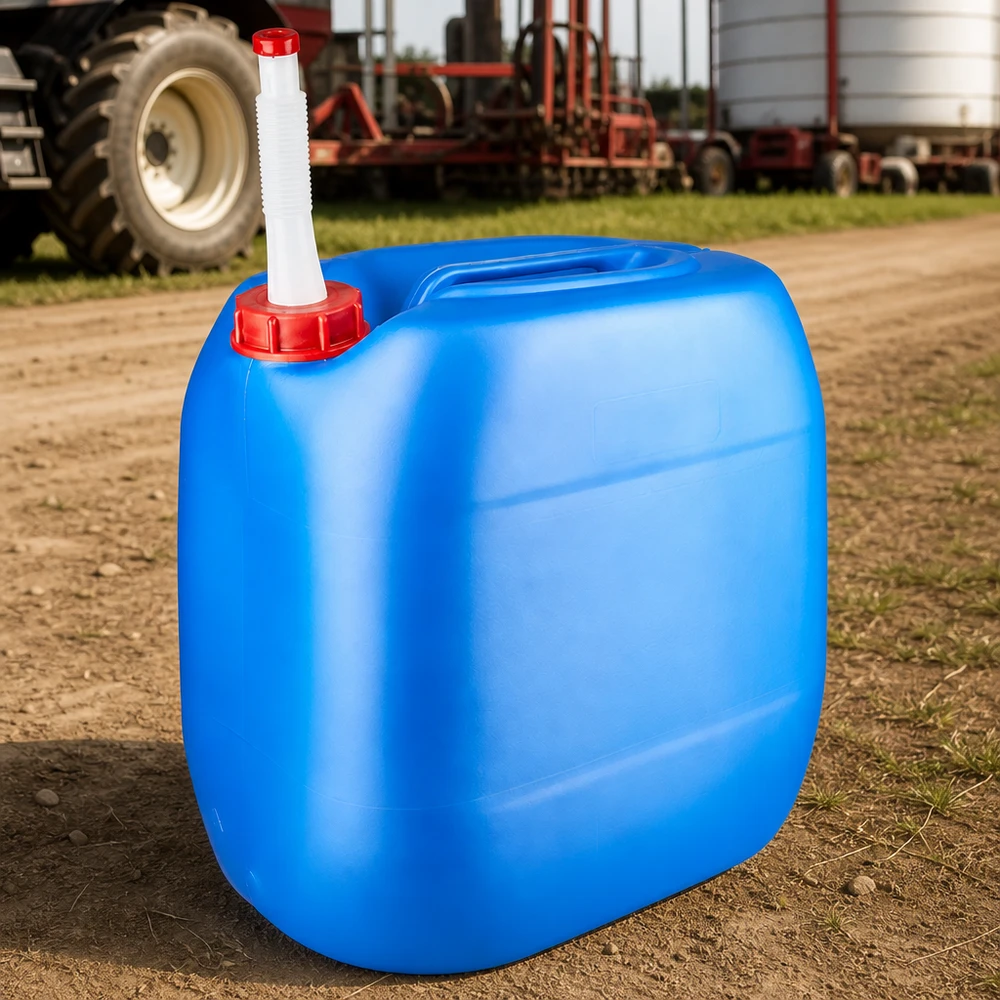 Bidon 30 litres bleu avec tube de vidange Flex Bidon agricole bleu de 30 litres avec bouchon rouge et tuyau de vidange, devant un tracteur sur un chemin de campagne