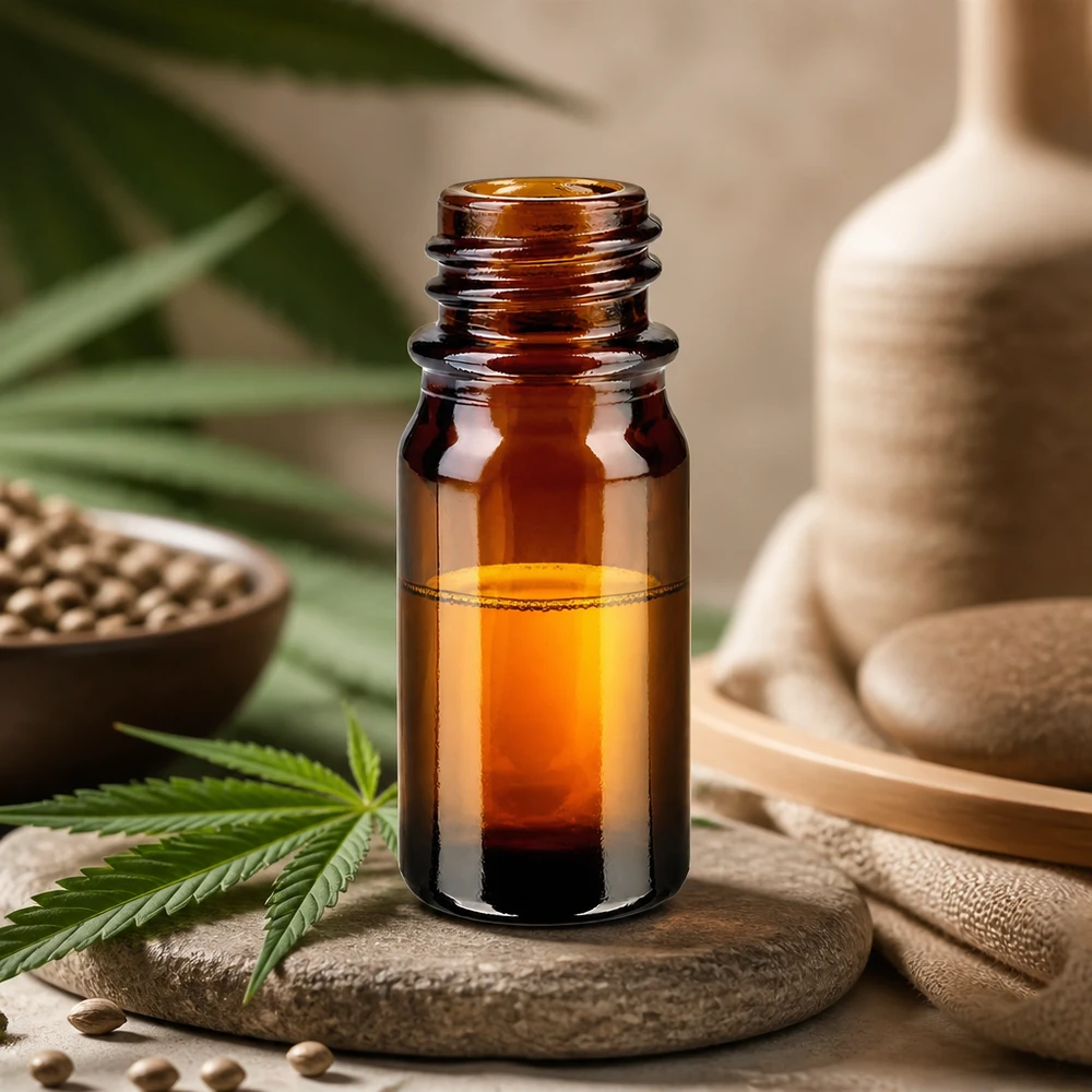 Bottiglia da farmacia marrone da 5ml ApoGlas con foglie di cannabis, semi di canapa e decorazione in bambù per olio di CBD