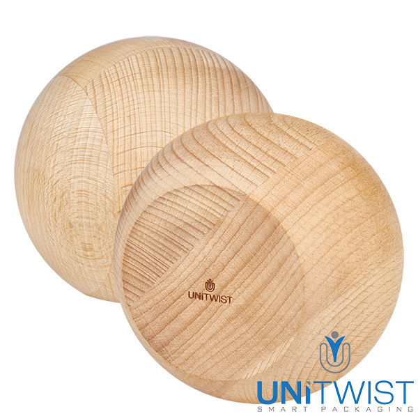 Vaso a tulipano da 580 ml WECK RR100 con sfera in legno di faggio Coperchio a sfera in legno di faggio per vaso WECK RR100 1062ml - Vista dettagliata delle venature del legno naturale e del logo UNITWIST