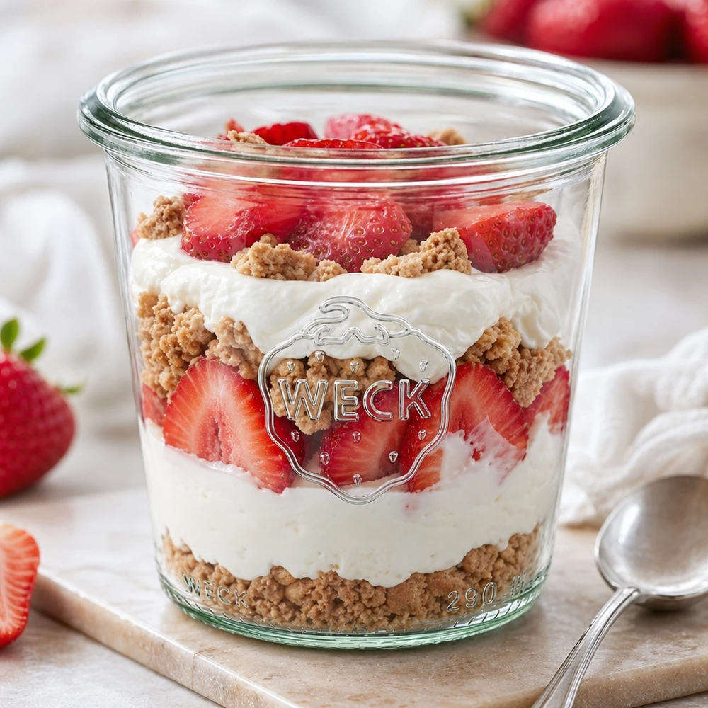 Vaso di vetro alto da 290 ml WECK RR80 WECK 290ml tumbler RR80 riempito con dessert alla fragola a strati biscotti yogurt vaso di conservazione alto