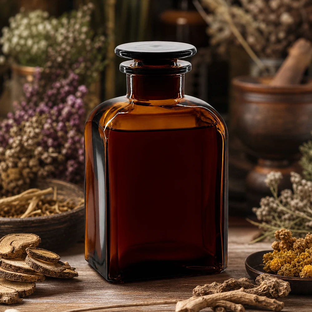 Fiaschetta da laboratorio marrone da 500 ml con collo largo e tappo di vetro piatto, circondata da erbe medicinali essiccate