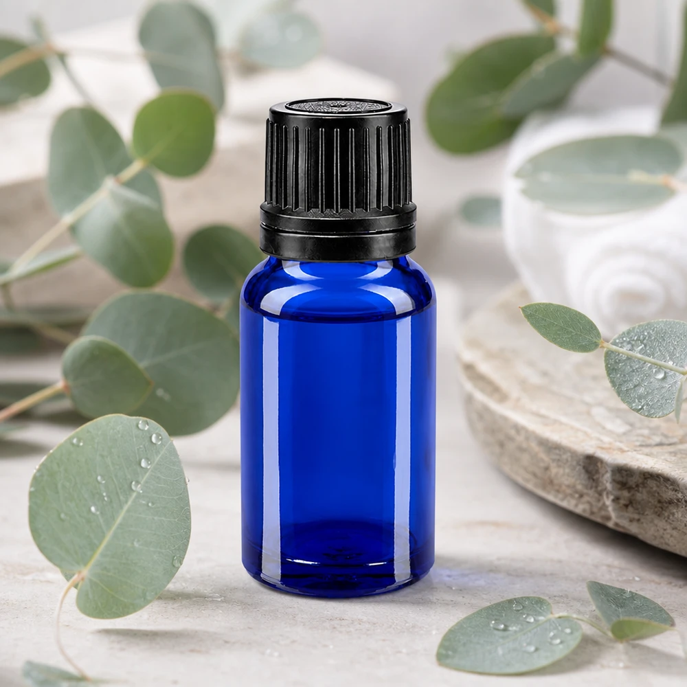 Blaue Tropfflasche aus hochwertigem Apothekenglas 10ml mit schwarzem Sicherheitsverschluss lichtgeschützt