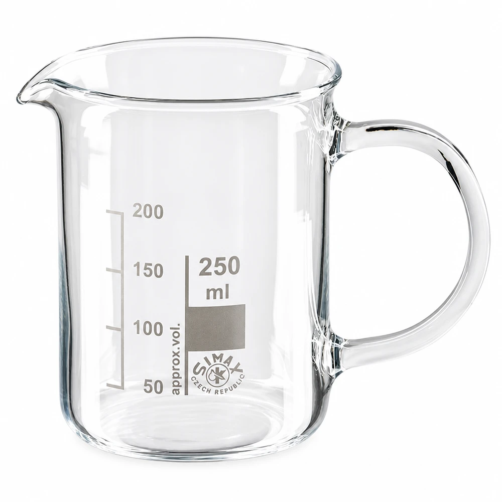 Bicchiere da 250 ml in vetro borosilicato, con manico Bicchiere da laboratorio da 250 ml in vetro borosilicato con manico e scala graduata in millilitri su sfondo bianco