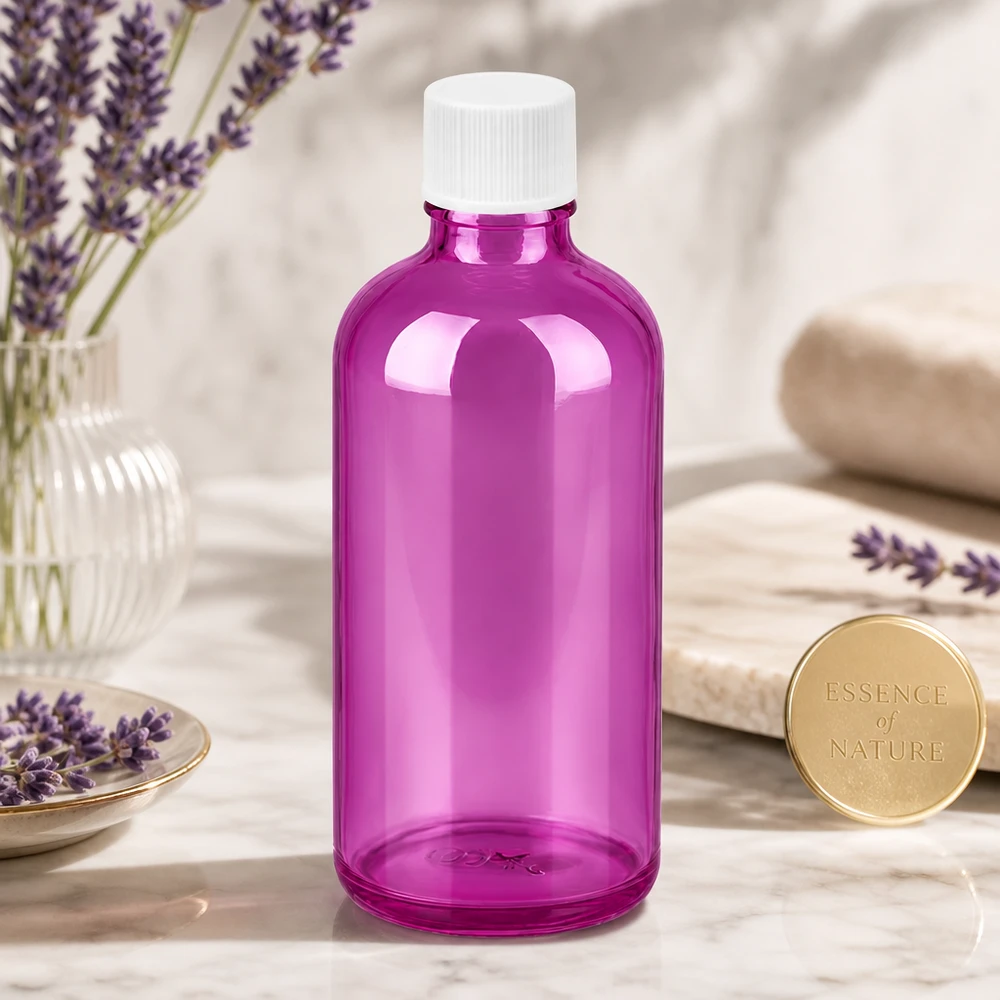 100ml Flasche 11mm Schraubverschluss weiss Standard PurpleLine UT18/100 Moderne 100ml Flasche in Purple-Optik mit weißem Verschluss für hochwertige Pflegeprodukte