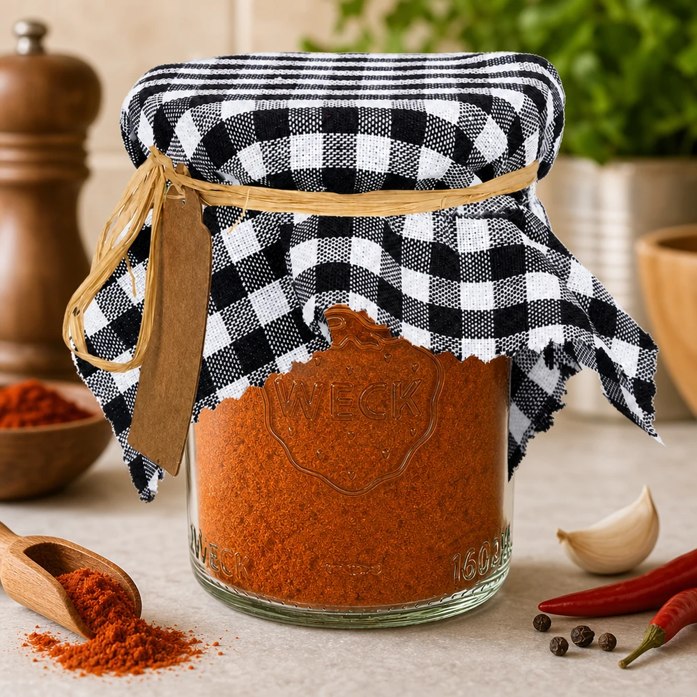 Centrino per gioielli in tessuto a quadretti neri 15 cm quadrati Centrino a scacchi bianchi e neri con spezie alla paprika in un barattolo da conserva Decorazione da cucina con peperoncino e aglio 15 cm quadrati