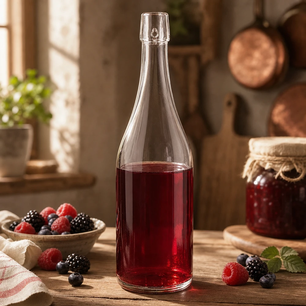 Bottiglia di vetro UNiTWIST da 750 ml riempita di succo di bacche Cucina rustica mirtilli lamponi more Applicazione