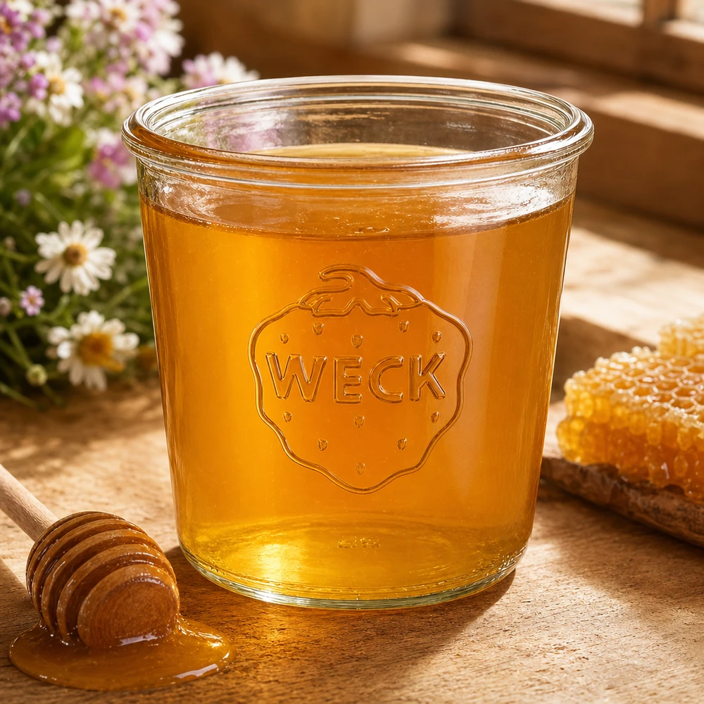 Weck Sturzglas 580ml RR100 mit Honig gefüllt auf Holztisch mit Honiglöffel und Wabe Einmachglas