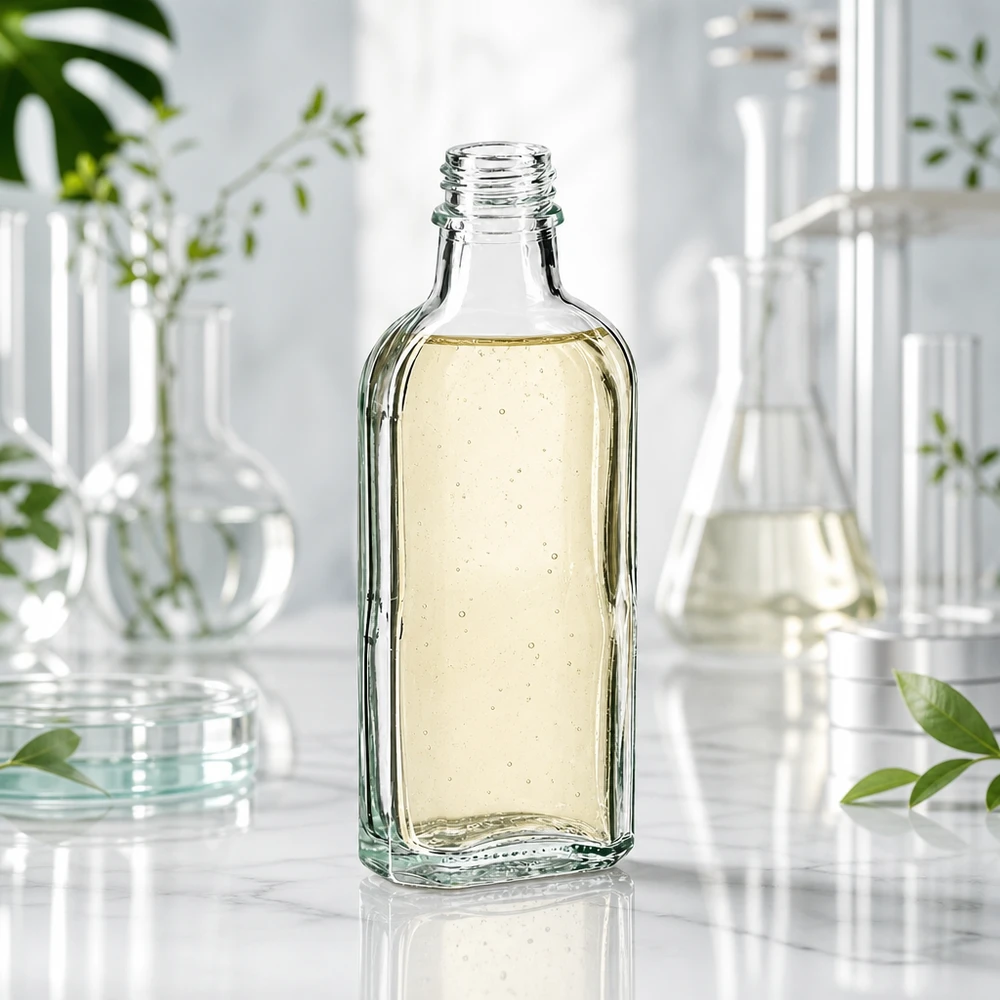 Bottiglia da 100 ml trasparente DIN22 Flacone Meplat da 100 ml trasparente, riempito con un liquido giallastro e dotato di filettatura DIN 22, in ambiente di laboratorio