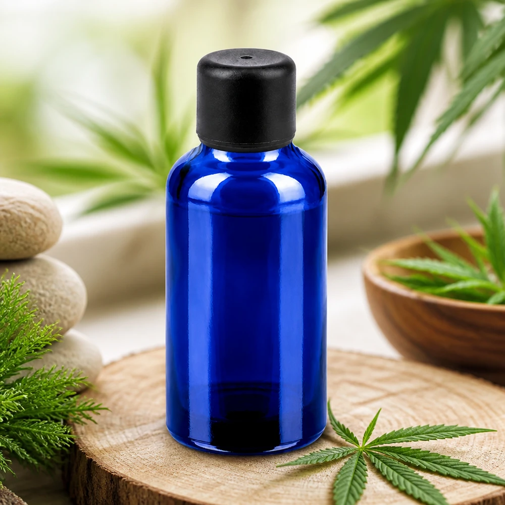 Pratico flacone in vetro ambrato da 30 ml colorato di blu, ideale per cosmetici e miscele fai da te