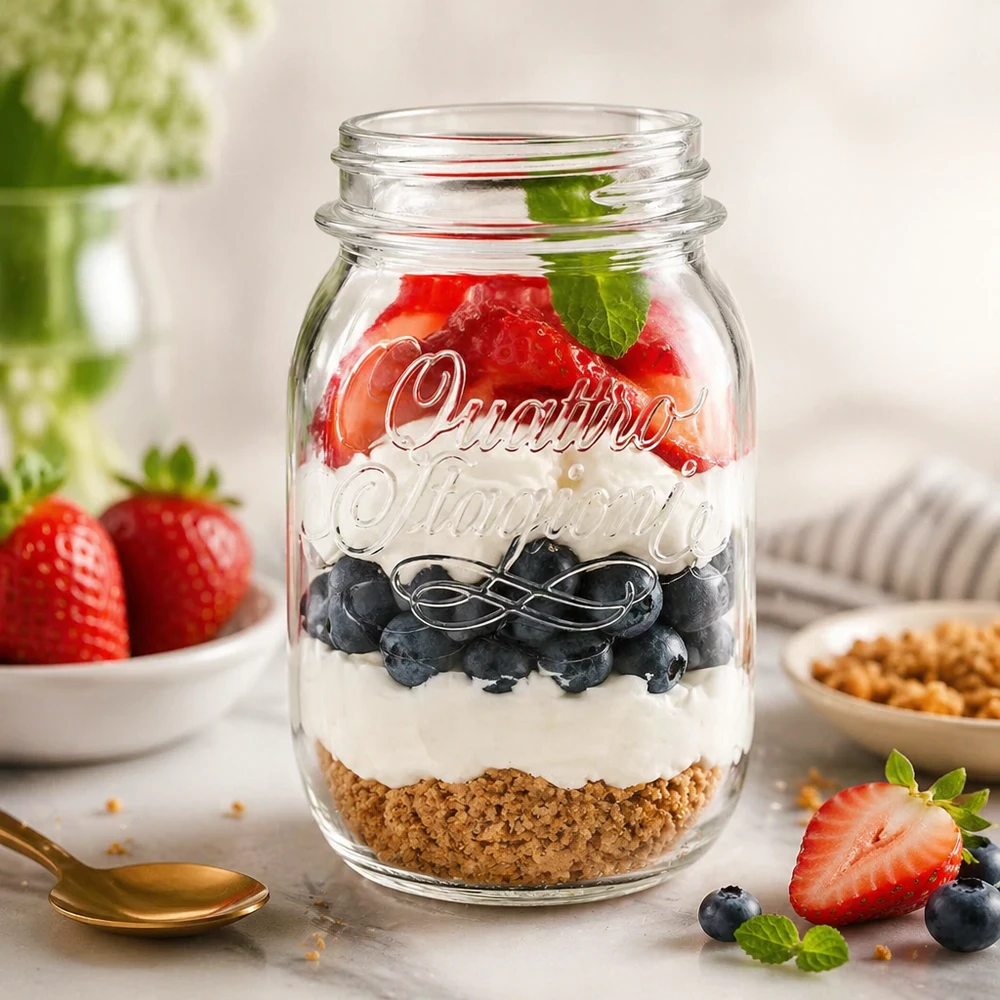 Vaso domestico "Quattro Stagioni" da 500 ml Vasetto casalingo Quattro Stagioni da 500 ml riempito con un dessert a strati di base di biscotti, yogurt, mirtilli e fragole